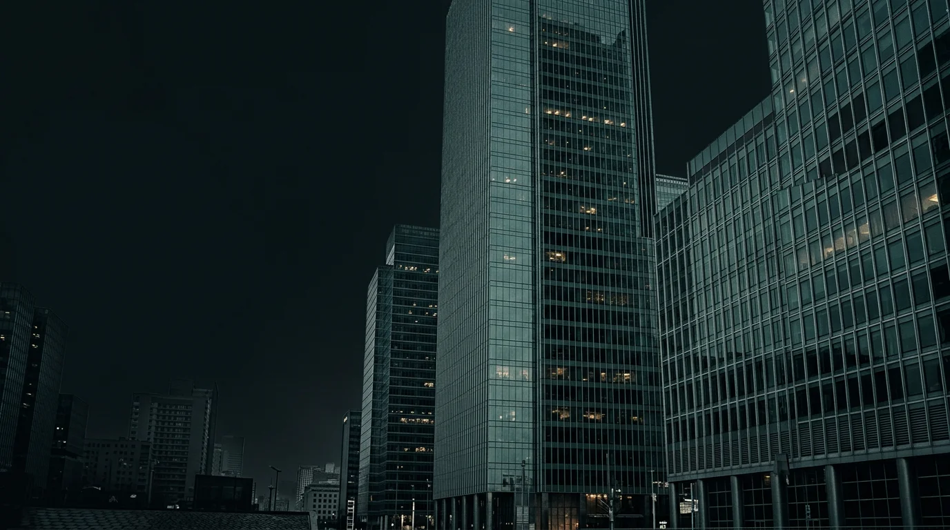 Modern glass towers rising into the night sky